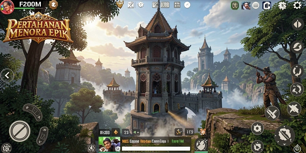 Tangkapan layar gameplay F200M menunjukkan pertempuran menara menarik.