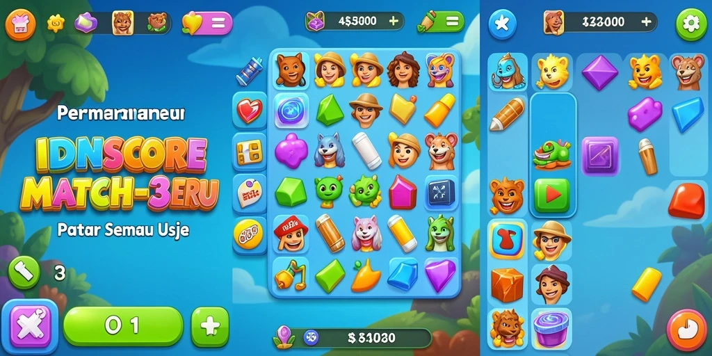 Screenshot menunjukkan gameplay Match-3 IDNSCORE yang seru.