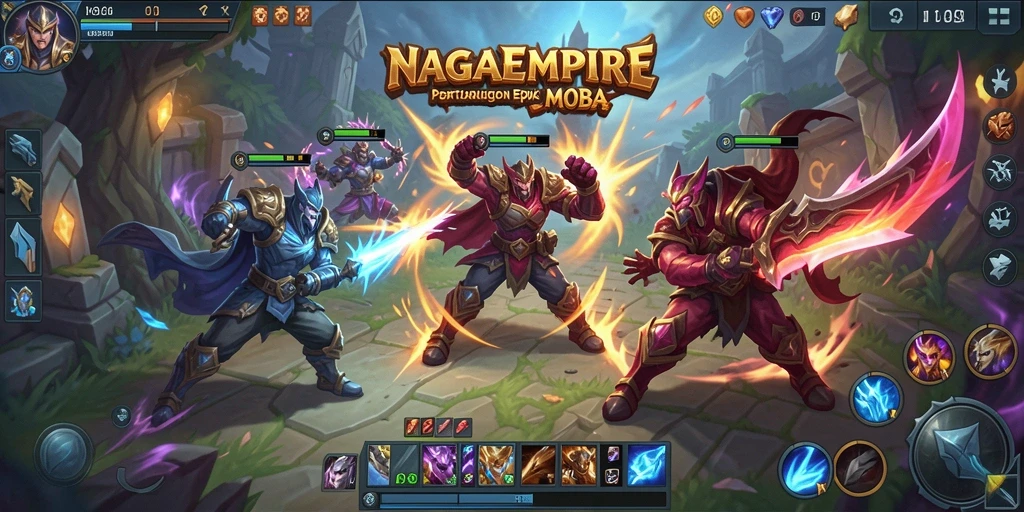 Tampilan gameplay NAGAEMPIRE dengan aksi menyerang dan pertarungan tim.