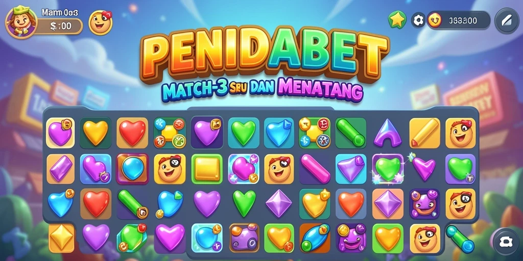 Screenshot gameplay PENIDABET yang menunjukkan elemen Match-3 yang cerah.