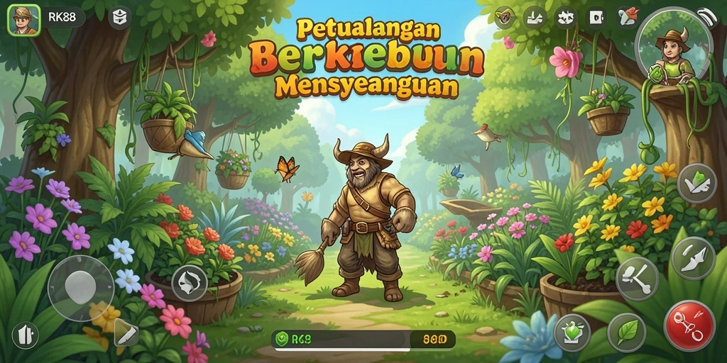 Gameplay RK88 menampilkan kebun yang indah dan tanaman beragam.