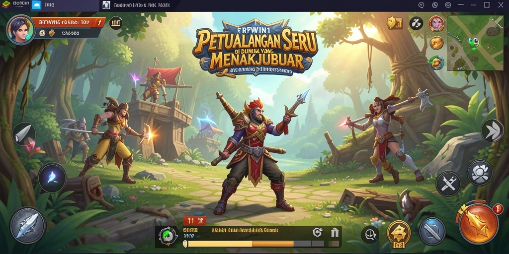 Screenshot gameplay RPWIN1 menampilkan karakter yang menjelajahi hutan misterius.