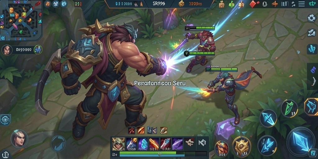 Screenshot gameplay SR996 menampilkan pertarungan seru antar pahlawan MOBA.