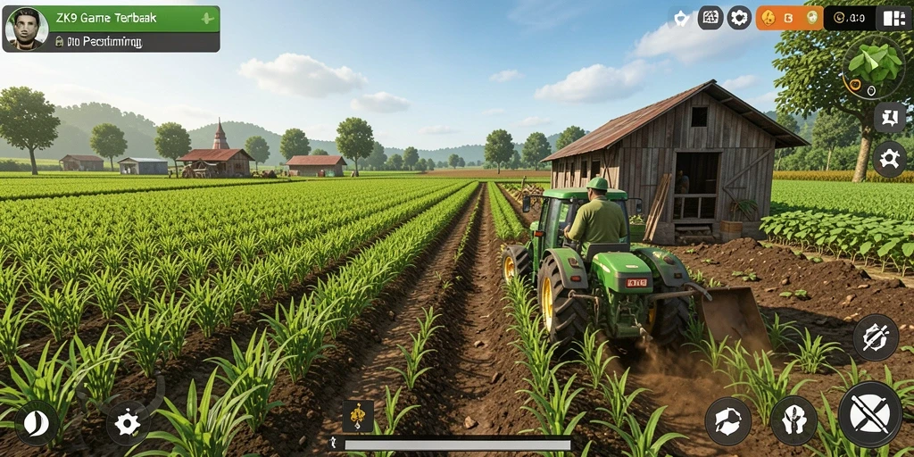 Gameplay ZK9 menampilkan keindahan ladang pertanian yang dikelola dengan baik.